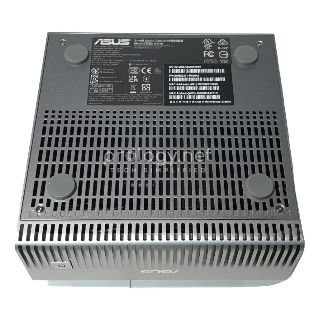 Underside of the ASUS GX10 showing the ventilation grille and model label
