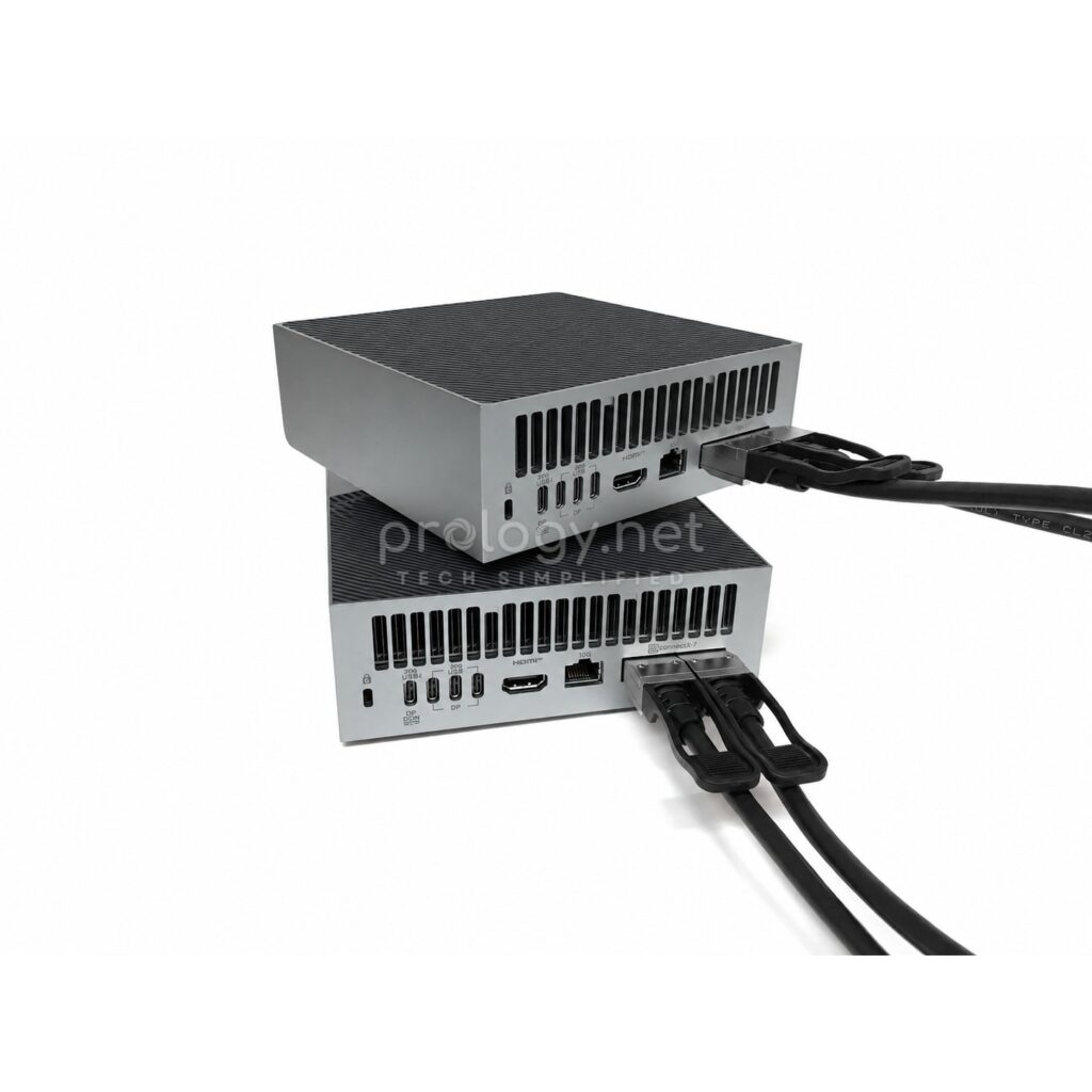 Two stacked ASUS GX10 units linked by DAC cables through their ConnectX-7 ports