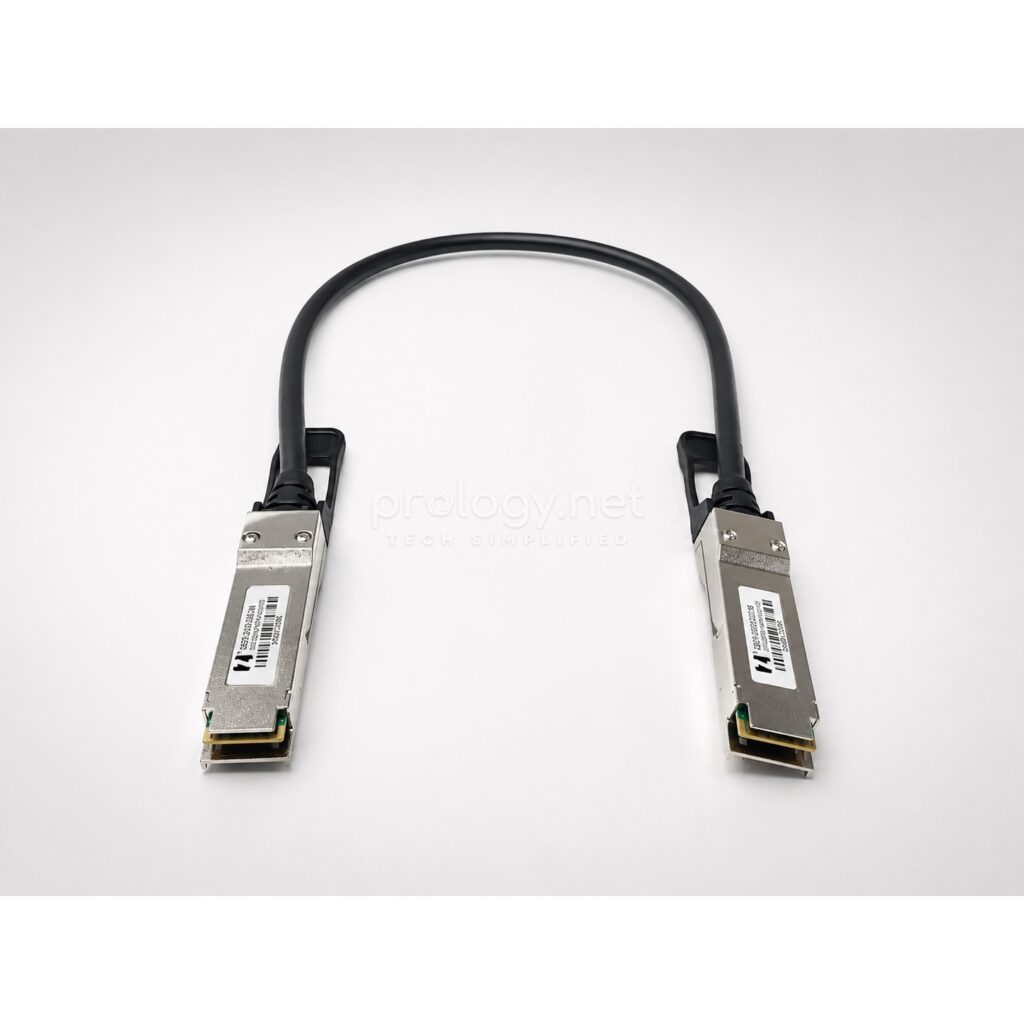 Close-up of two QSFP56 connectors with pull-tabs